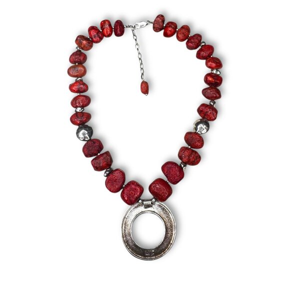 Silpada N1370 Sterling Silver Red Sponge Coral Hammered Circle Necklace - Picture 7 of 13